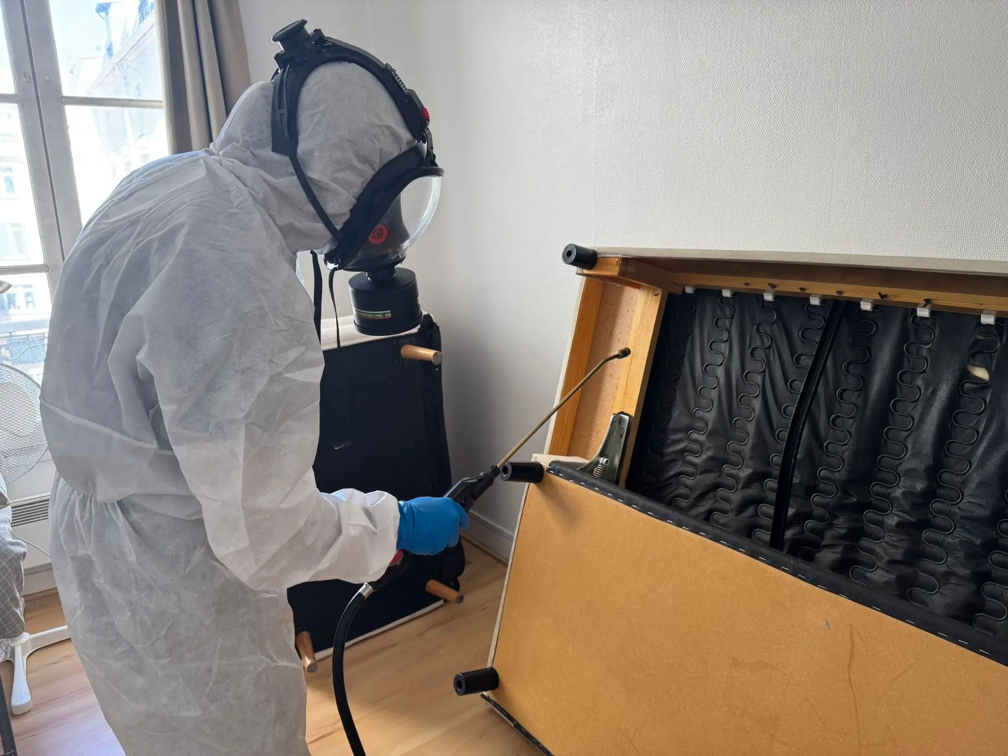 Technicien Inratable appliquant un traitement contre les punaises de lit