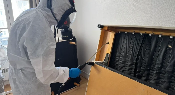technicien Inratable qui fait un traitement contre les punaises de lit